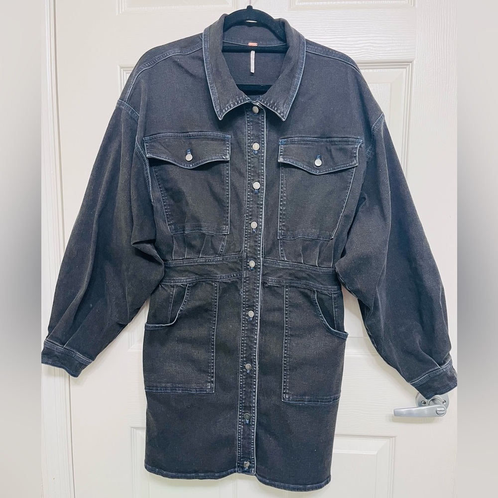 Free People Women's Black Denim Long Jacket ,size L